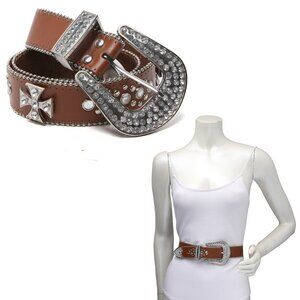 Western Cowgirl Rhinestone Vegan Leather Belt Bling Crystal  Cross Grommet Brown